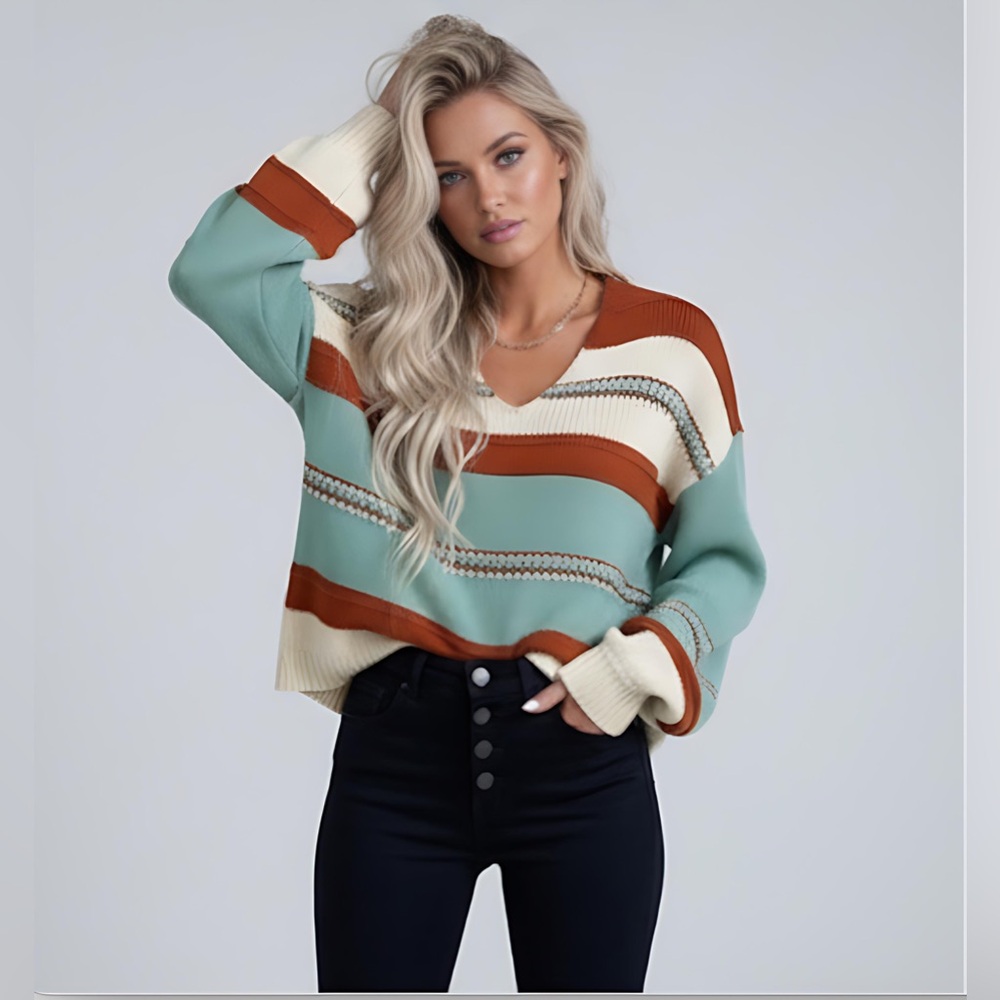 Striped Design Sweater with a V-neck